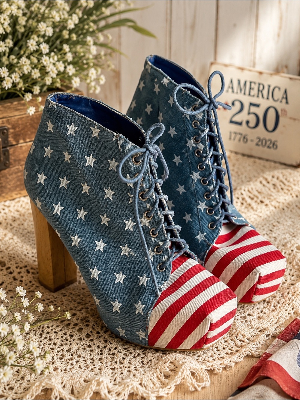 Women’s Denim Star & Stripe Lace-Up Platform Booties - Blue